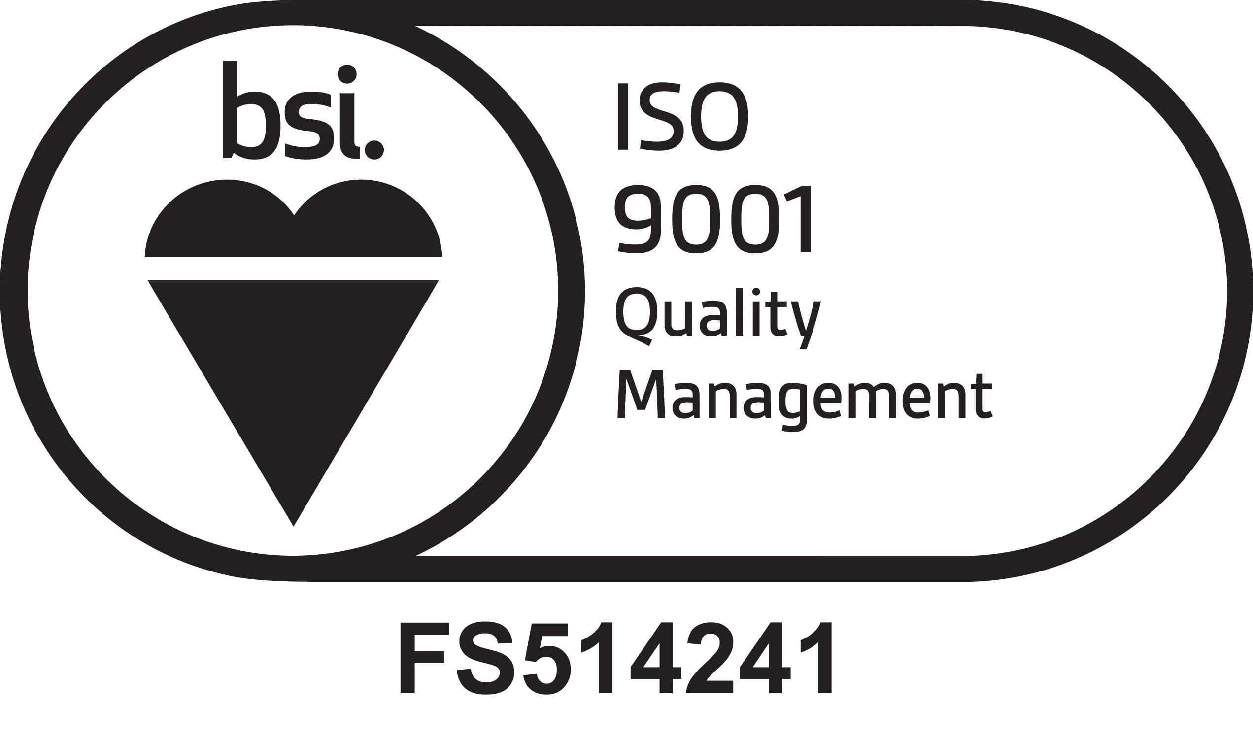 ISO 9001 certified quality management badge.